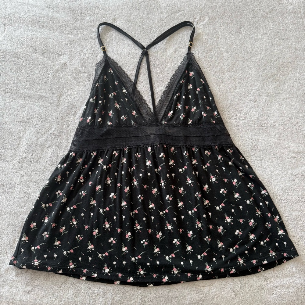 Victoria’s Secret Black Floral Lace-trim Babydoll Cami